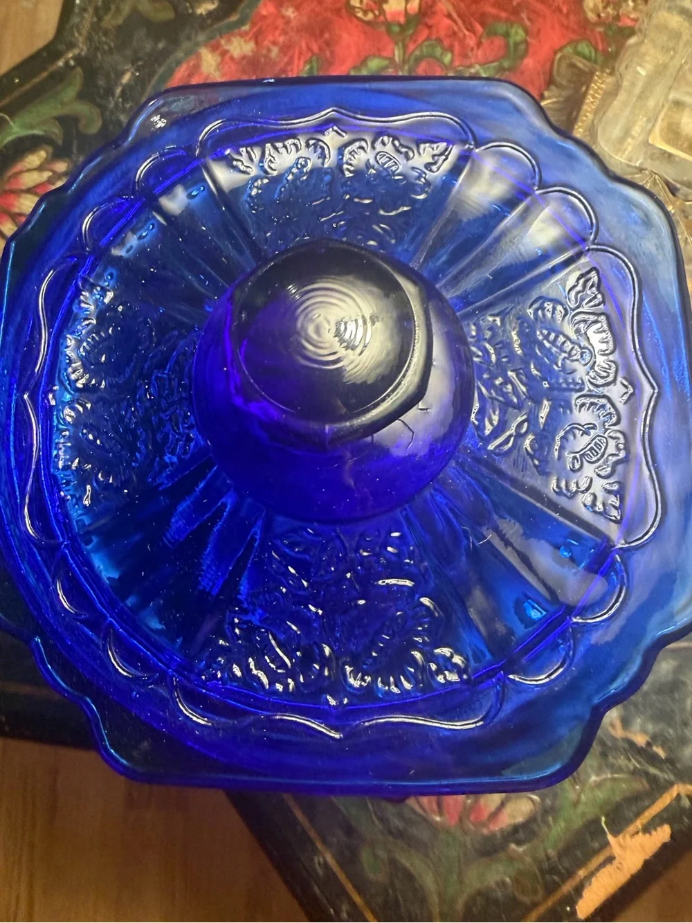 Anchor Hocking Cobalt Blue Floral Glass Biscuit Barrel  Lid
